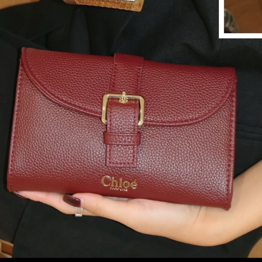 CHLOE Burgundy Pebbled Leather Wallet with Gold Buckle